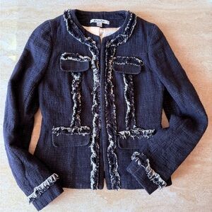 Katherine Barclay Navy Tweed Blazer with Fringe